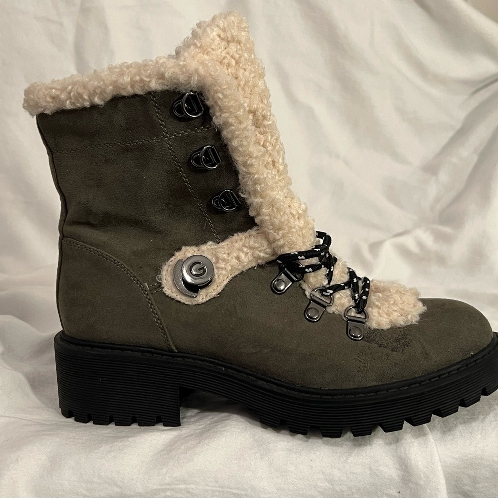 Green faux fur combat boots.